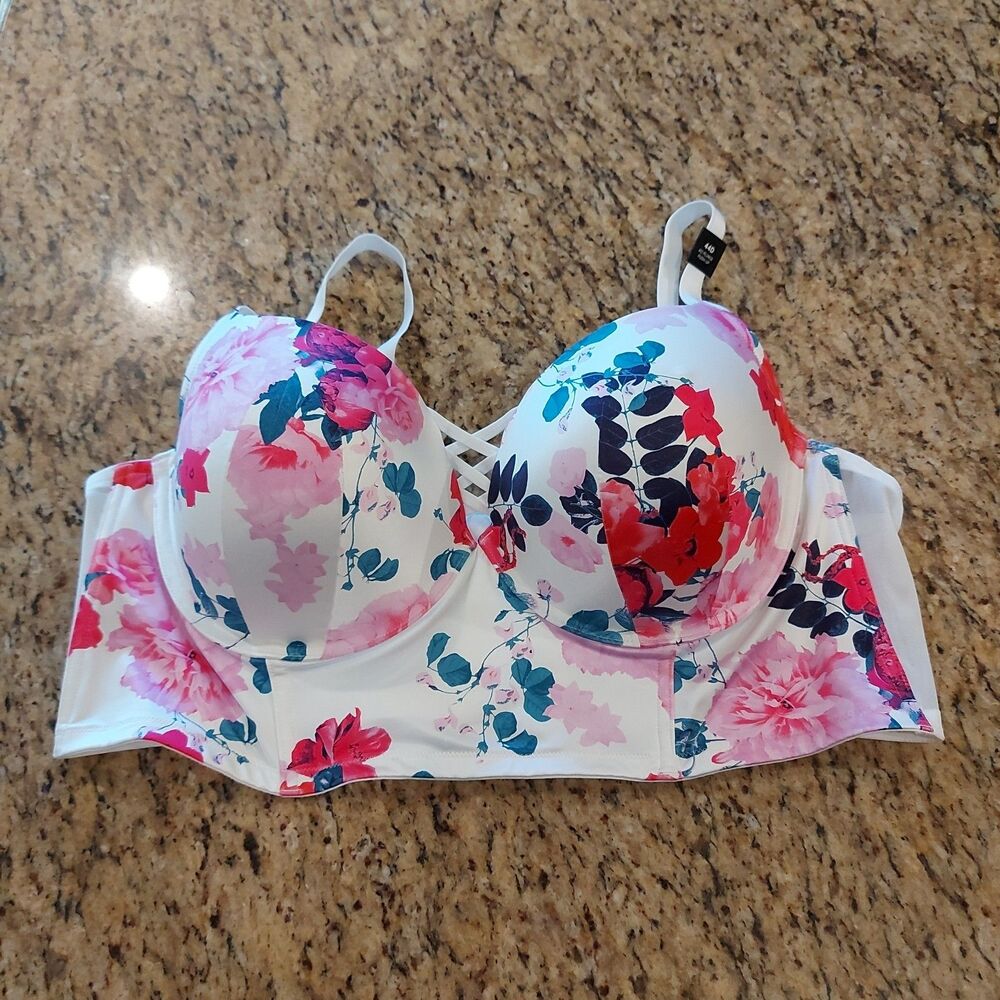 TORRID XO PLUNGE PUSH-UP LONGLINE Bra Size 44D NWT White Floral Convertible UW